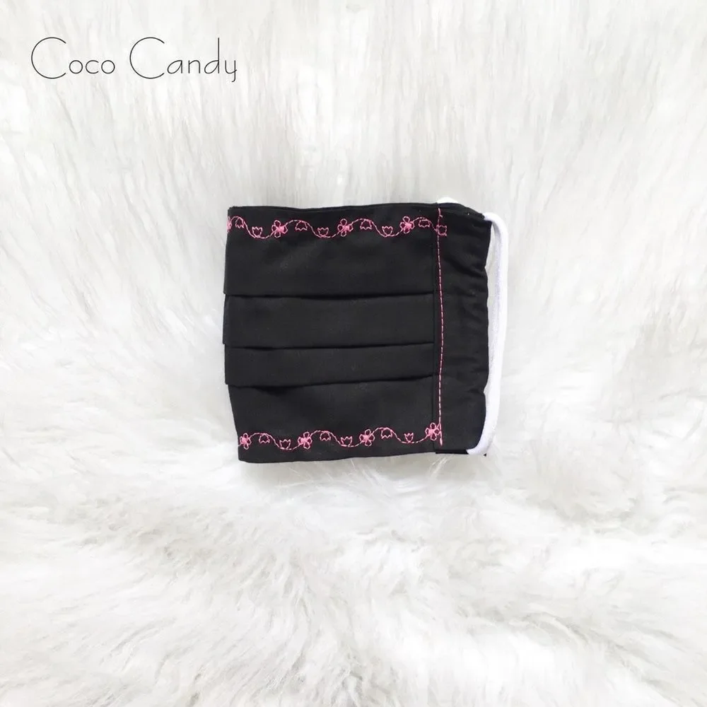 🆕Embroidered Pink Flower Black Fabric Reusable Face Mask